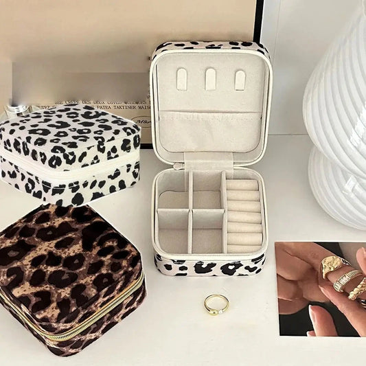 PU Leather Display Box Leopard Print Jewelry Storage Box Family Travel Earrings Necklace Storage Box Female Ring Organizer Santa Secret